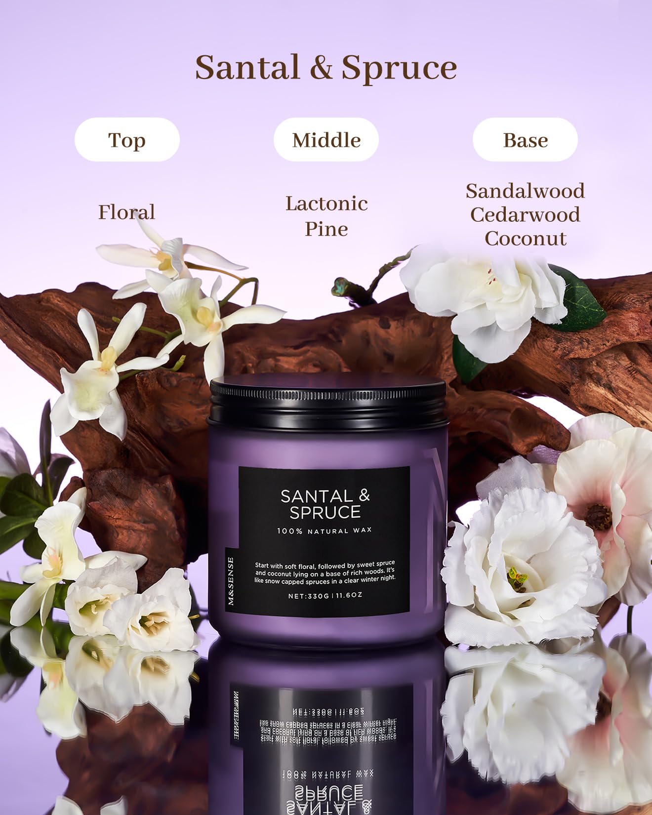 Santal & Spruce candle with floral elements on a reflective surface