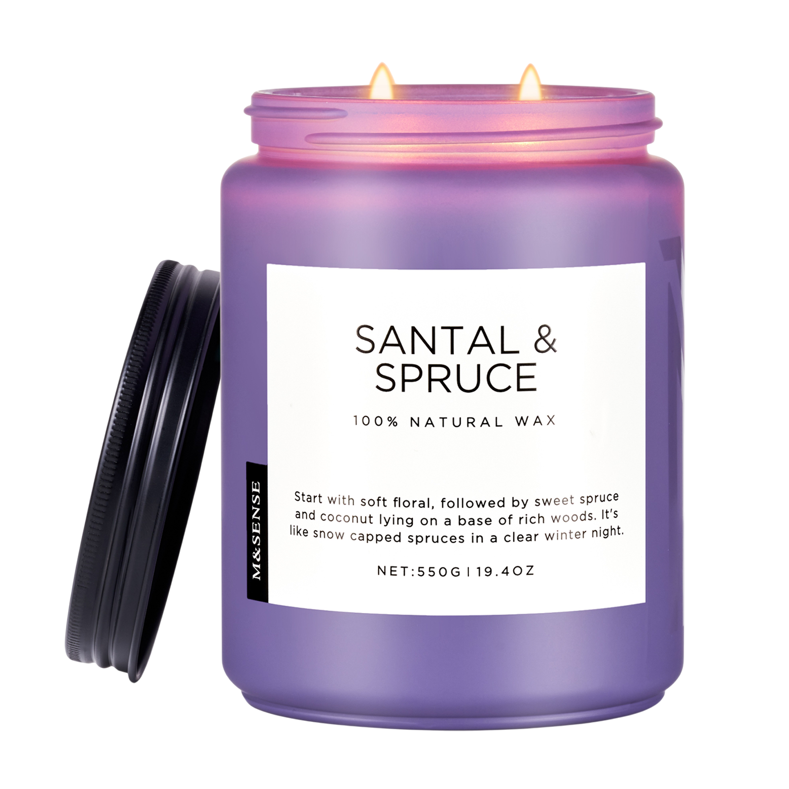 Purple candle with 'Santal & Spruce' label on a white background