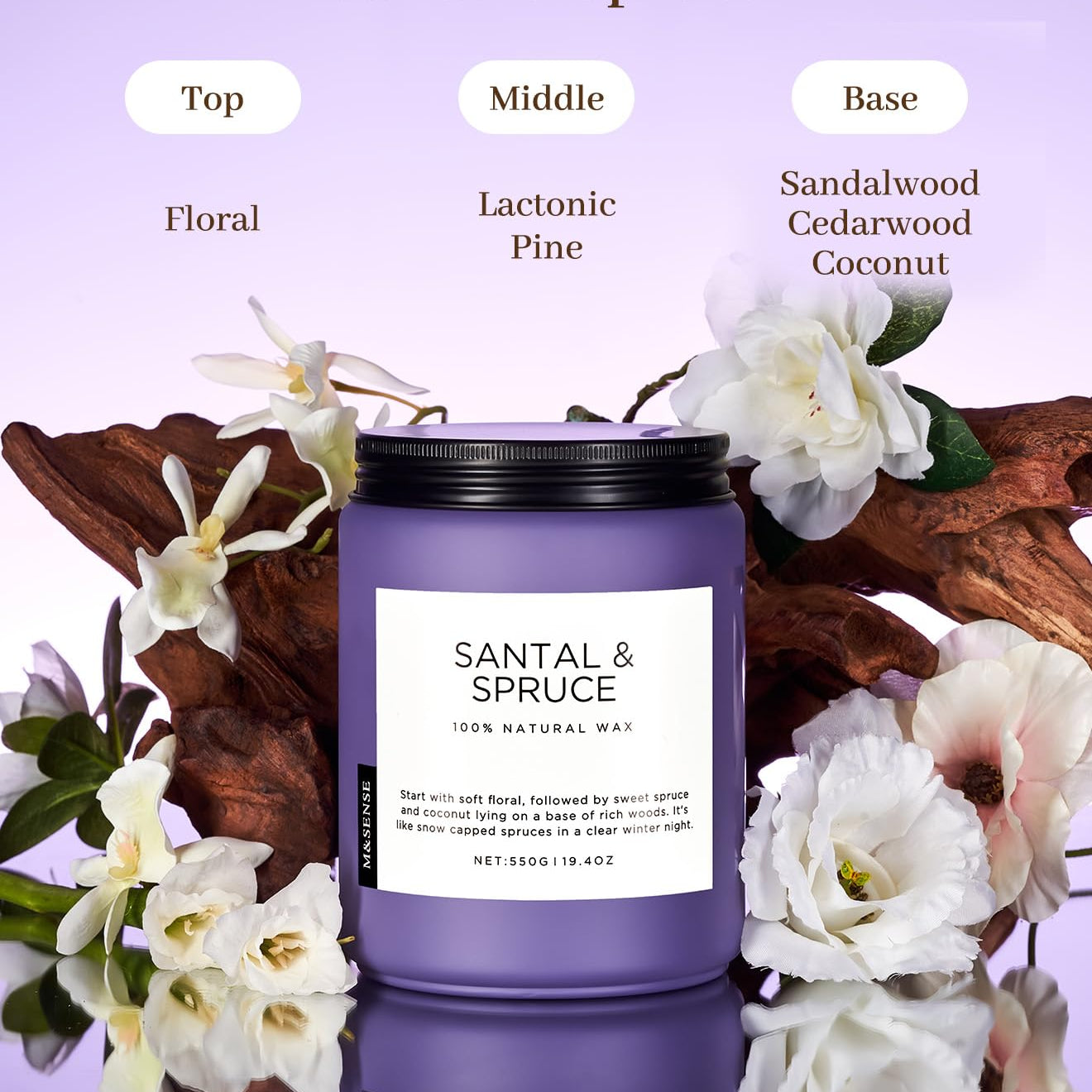 Santal & Spruce candle with floral elements and fragrance description on a purple background