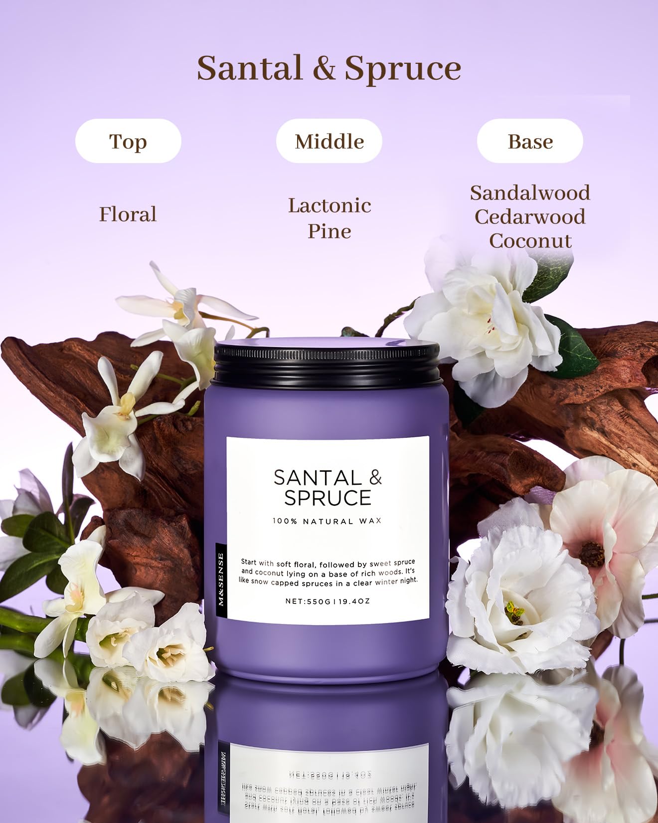 Santal & Spruce candle with floral elements and fragrance description on a purple background