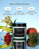Candle labeled 'Snow Filled Dreams' with floral and fruit elements on a blue background