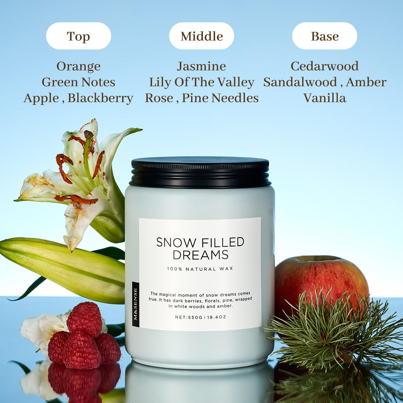 Candle labeled 'Snow Filled Dreams' with notes on a blue background