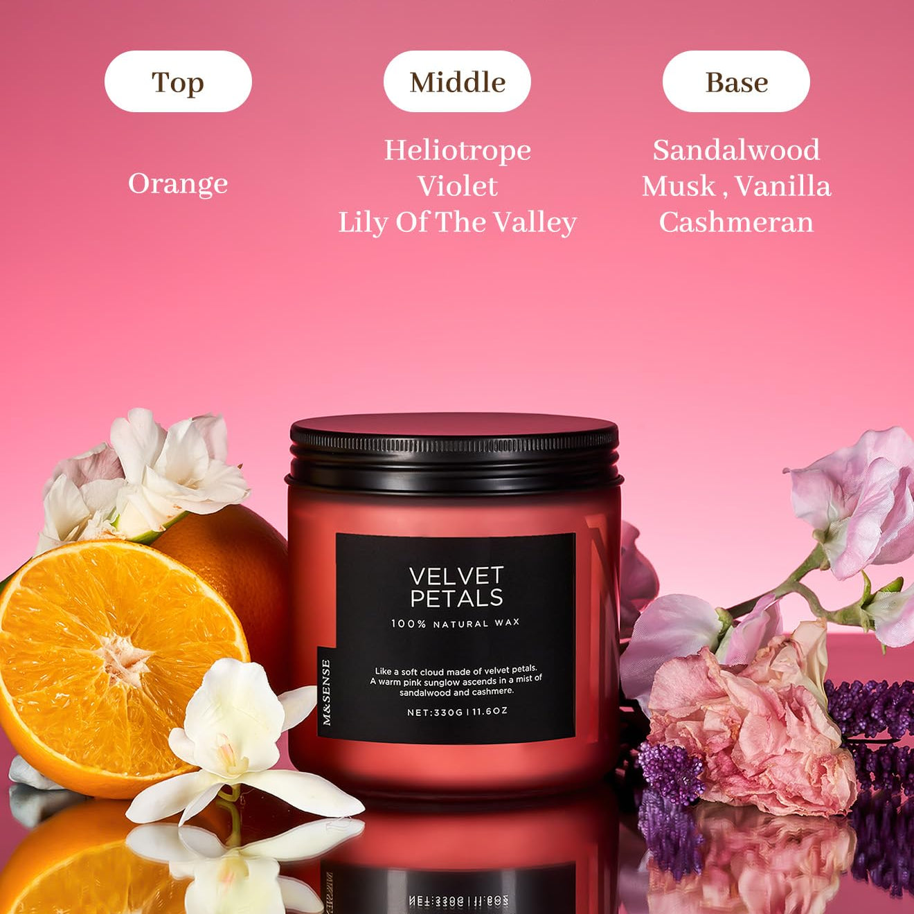 Velvet Petals candle with floral and fruit elements on a pink background