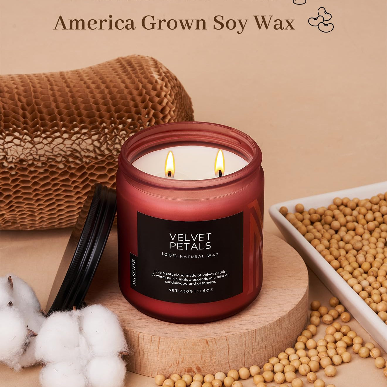 Candle with cotton braid wicks and 'Velvet Petals' branding on a beige background