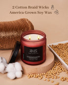 Candle with cotton braid wicks and 'Velvet Petals' branding on a beige background