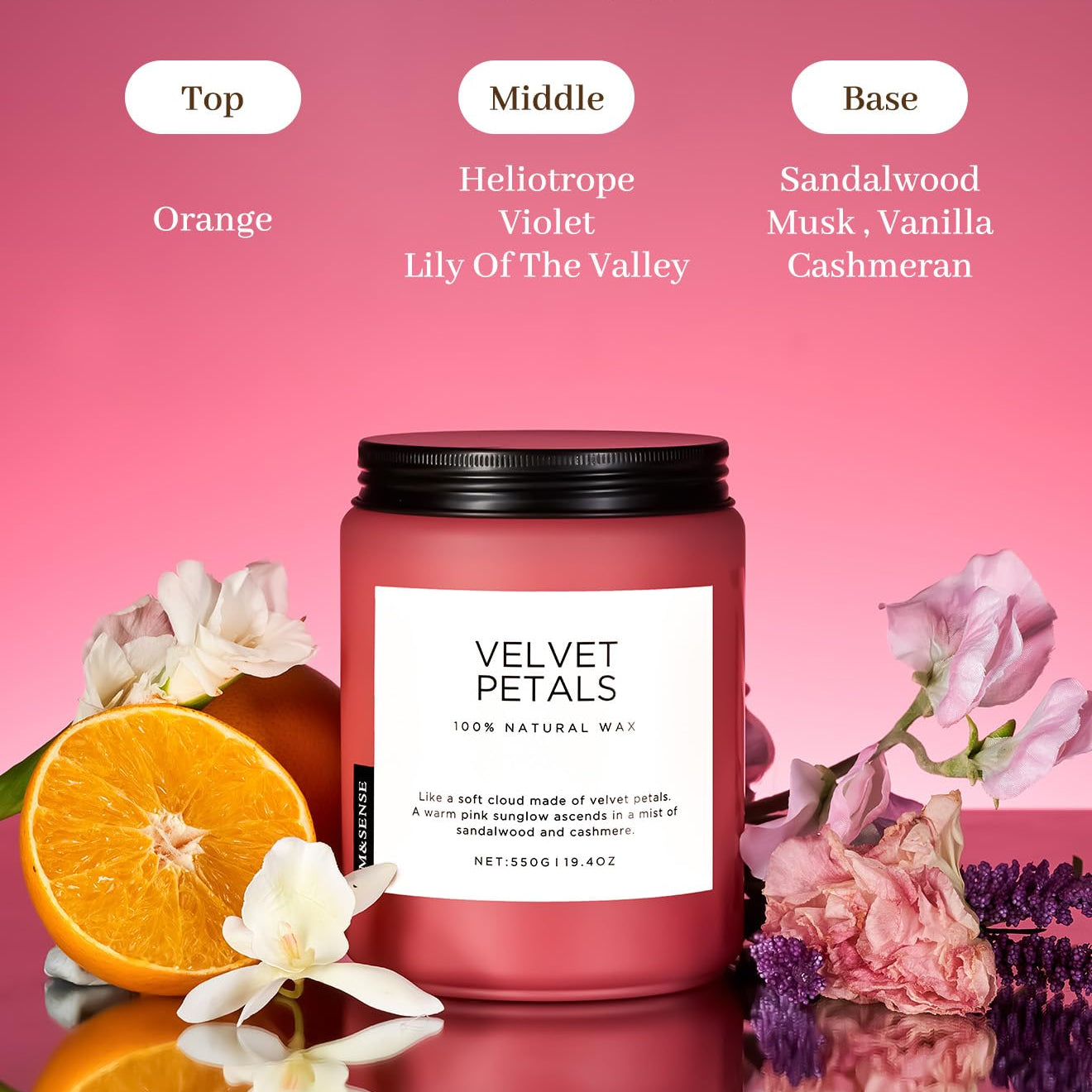 Velvet Petals candle with floral elements and color description on a pink background