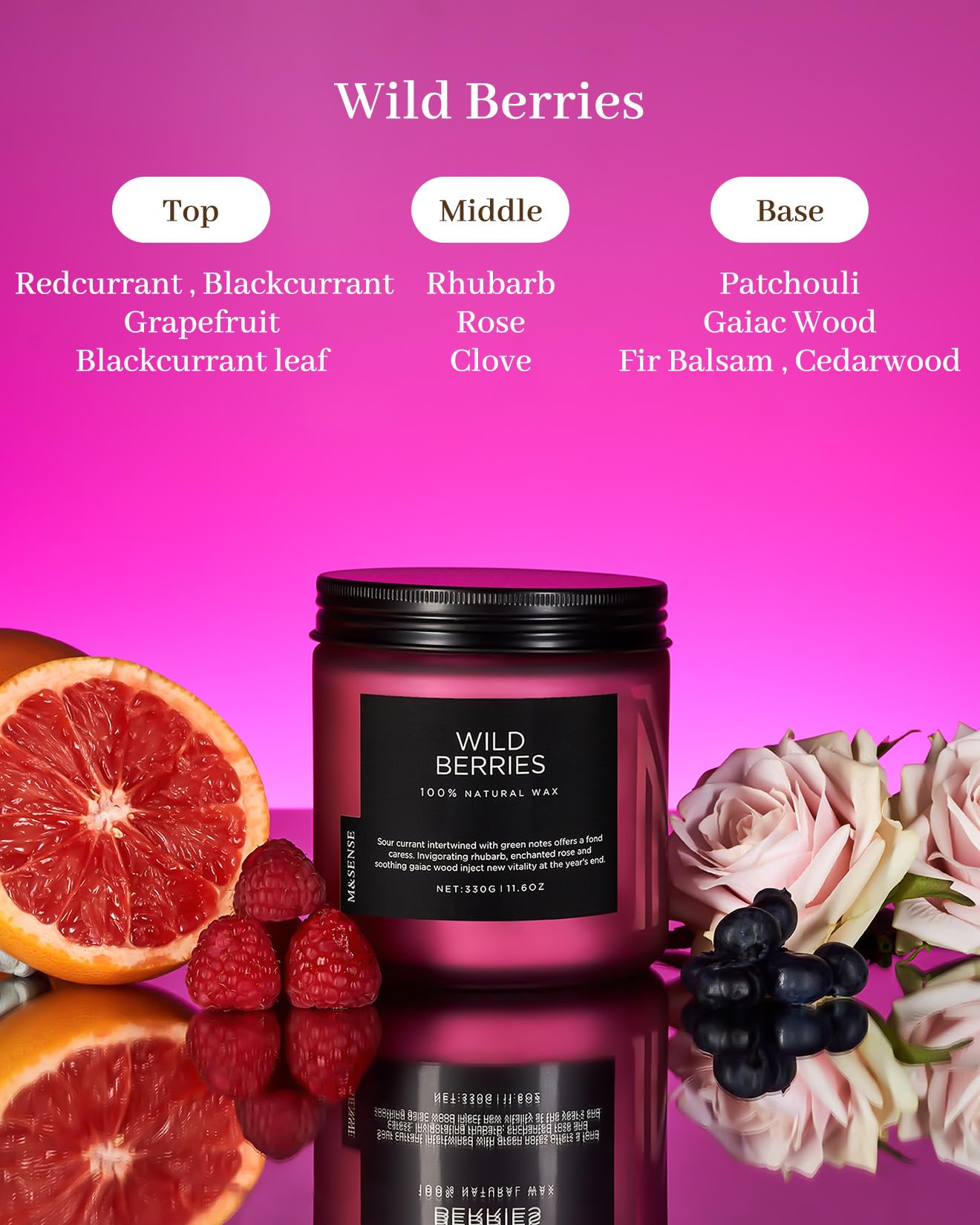 Candle labeled 'Wild Berries' with ingredients listed on a pink background