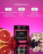 Candle labeled 'Wild Berries' with ingredients listed on a pink background