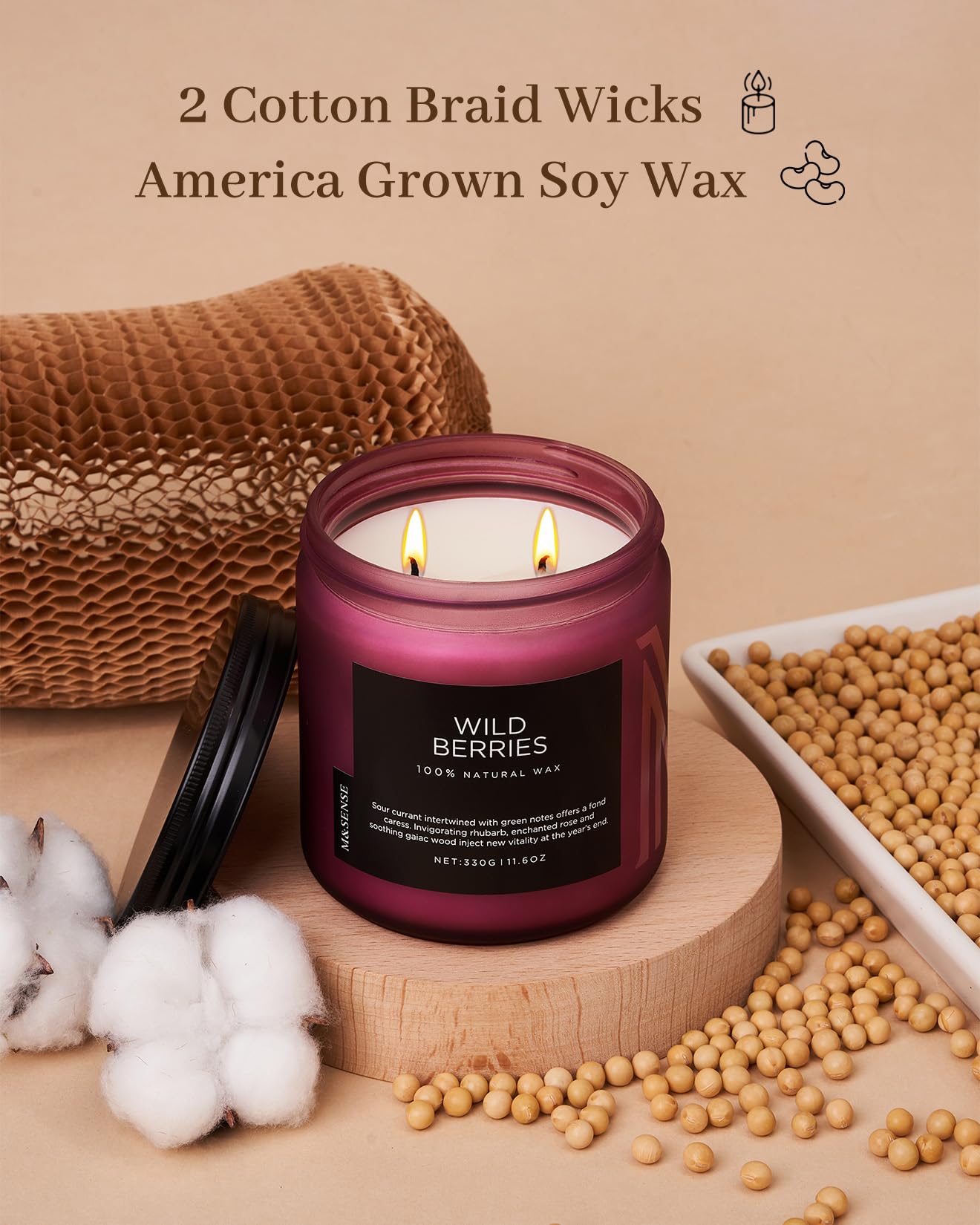 Candle with cotton braid wicks and soy wax, surrounded by cotton and soybeans on a beige background.