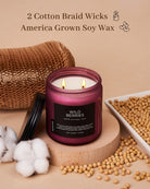 Candle with cotton braid wicks and soy wax, surrounded by cotton and soybeans on a beige background.
