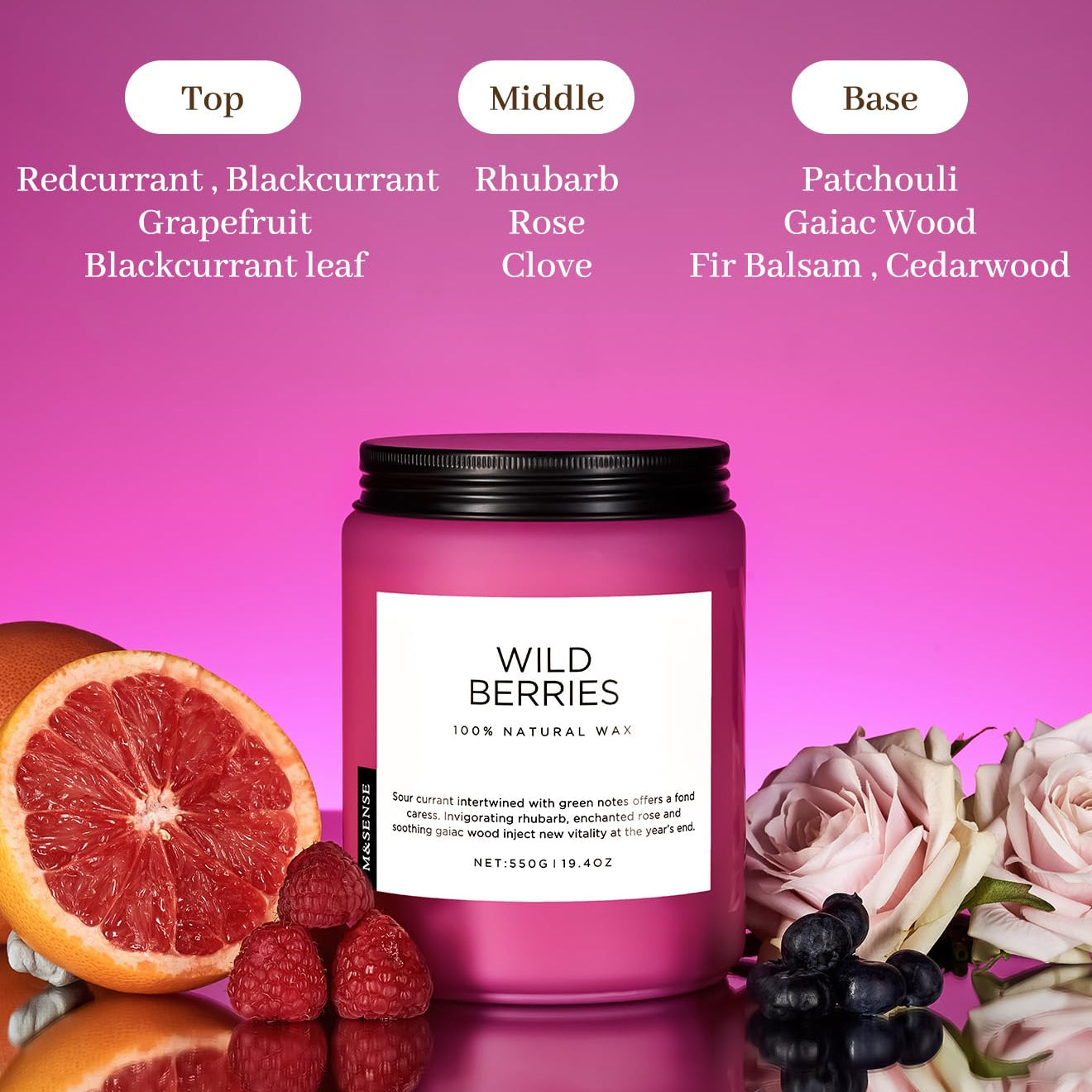 Candle labeled 'Wild Berries' with ingredients listed on a pink background