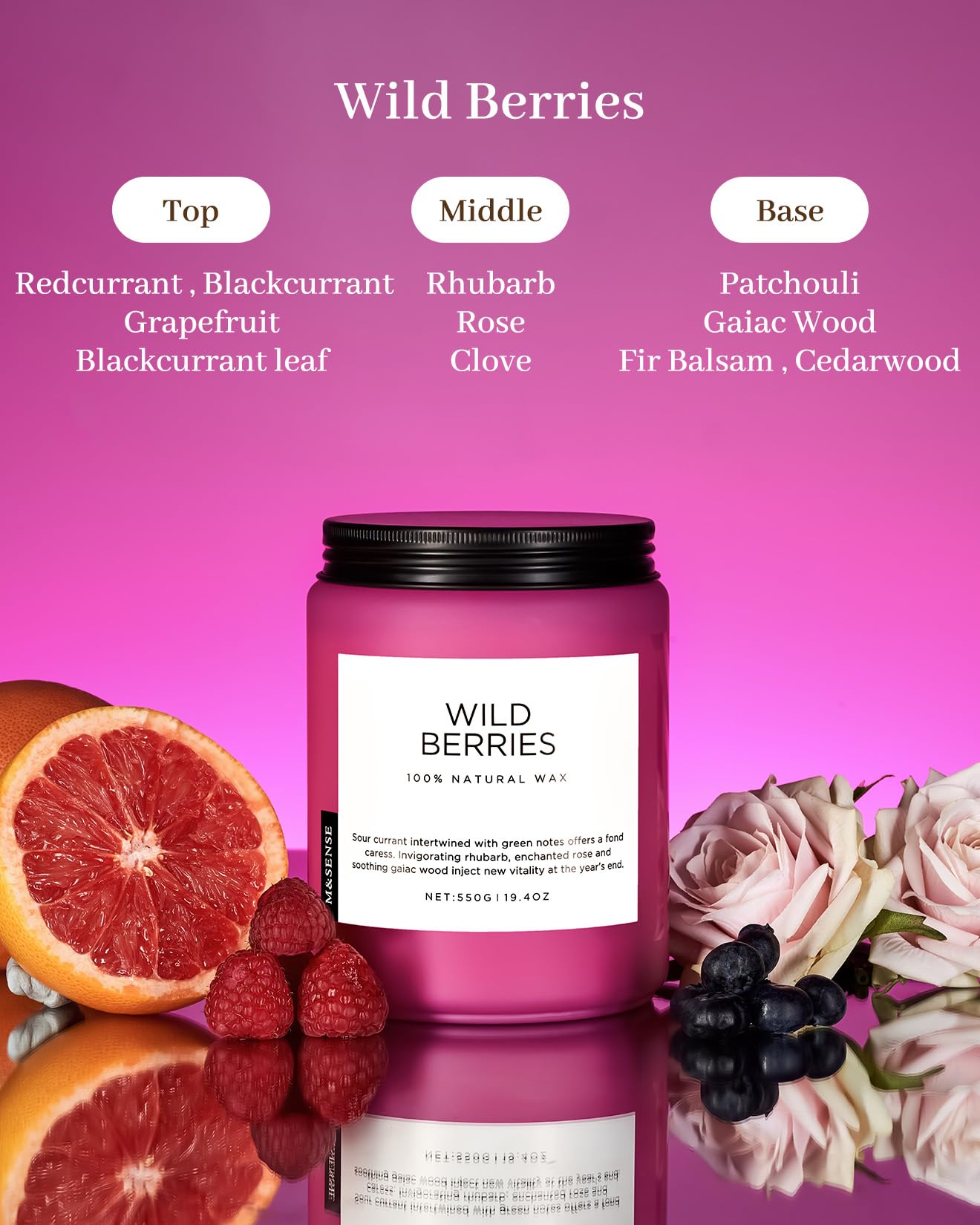 Candle labeled 'Wild Berries' with ingredients listed on a pink background