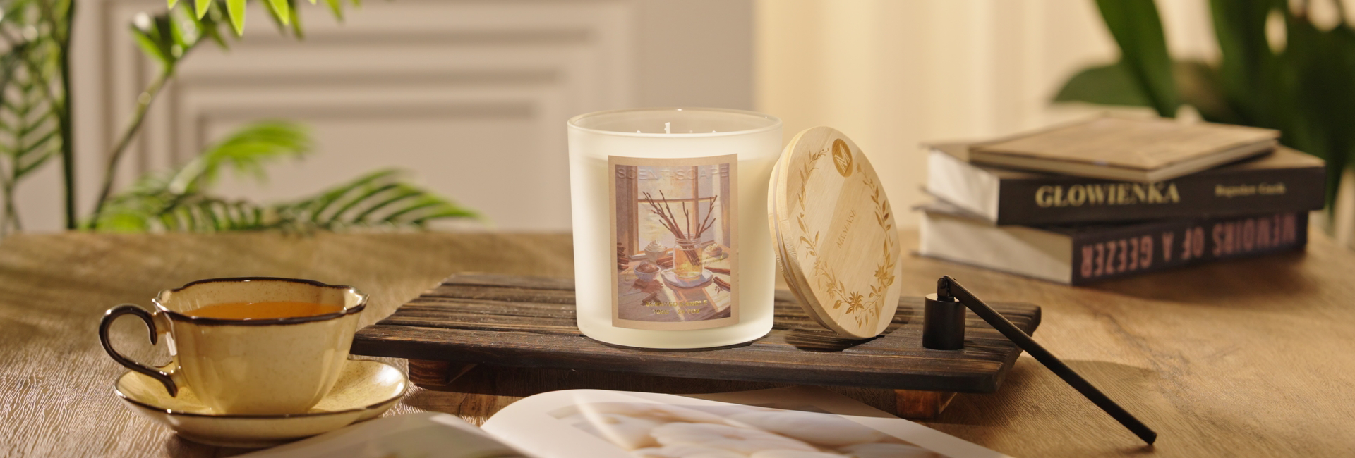 M&SENSE Canvas Serenity Scented Candles collection banner featuring a white glass jar candle with teacup, books, and seashell, creating a cozy home fragrance and relaxing decor.