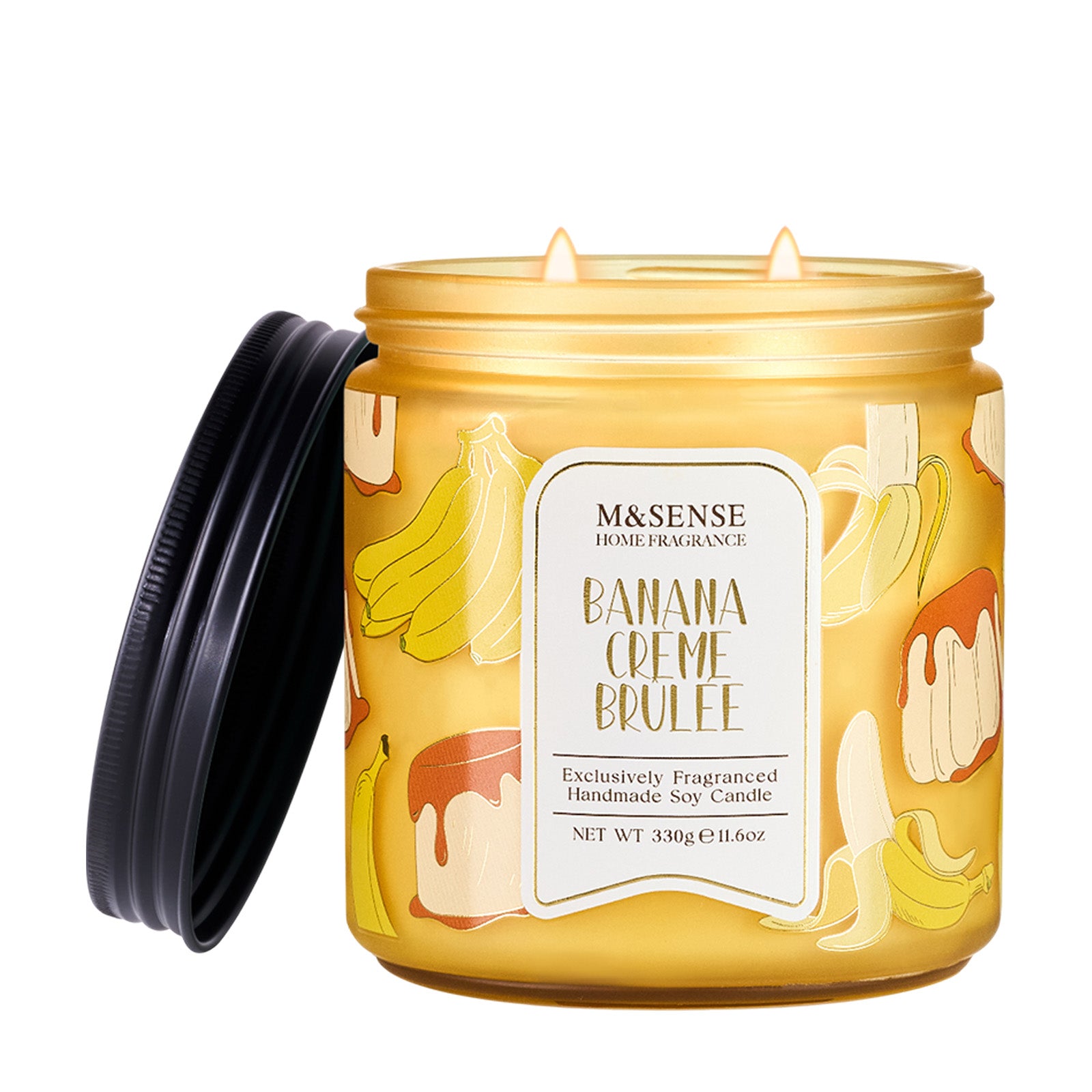 Banana crème brèle candle with decorative label on a white background