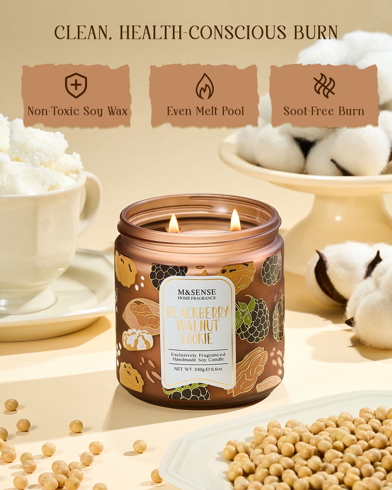 Candle with a label on a neutral background, featuring text about the candle's qualities.