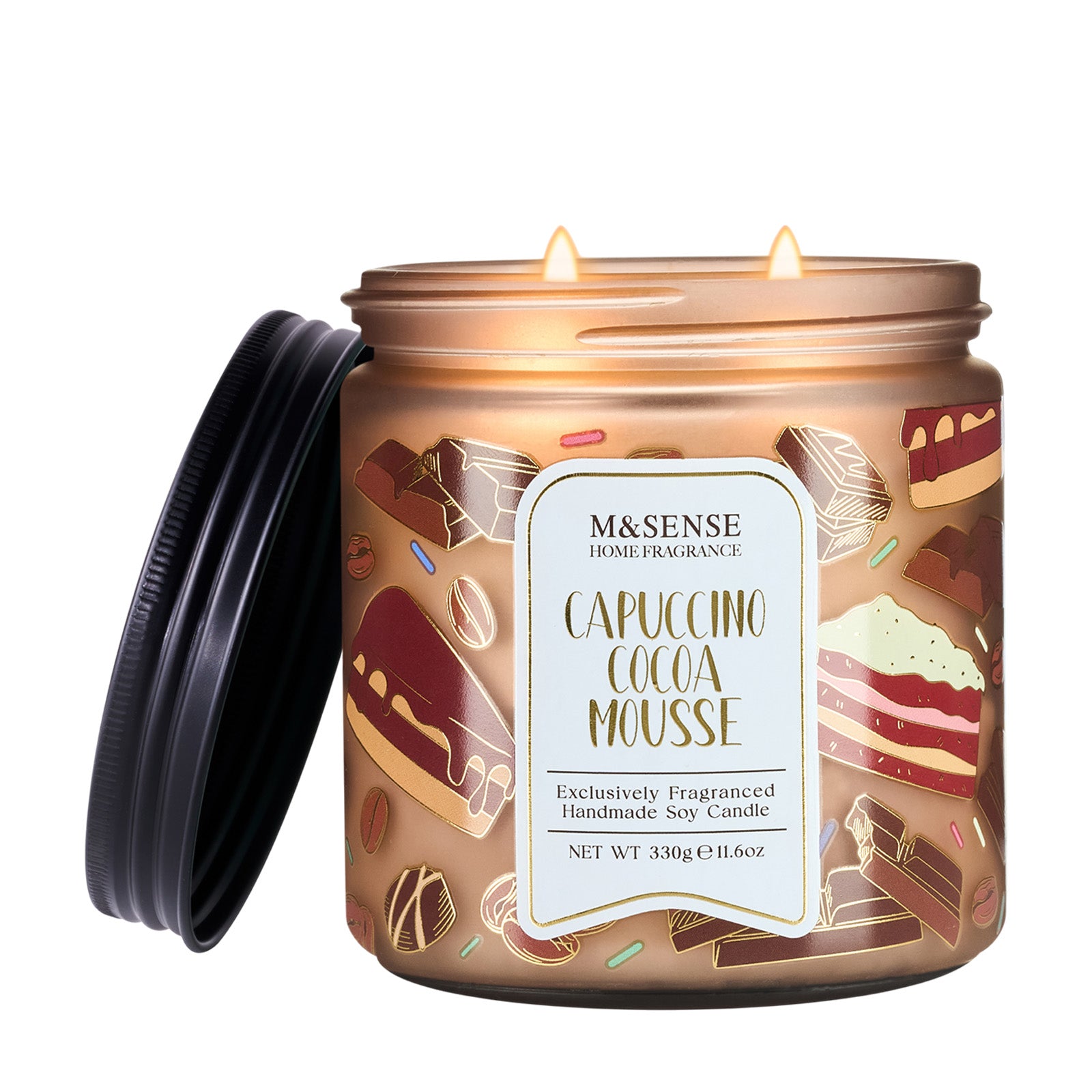 Candle jar labeled 'Capuccino Cocoa Mousse' by M&Sense on a white background