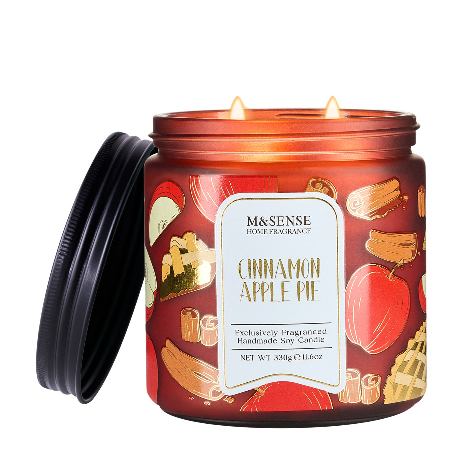 Candle in a decorative jar with 'M&Sense' branding and cinnamon apple pie design.