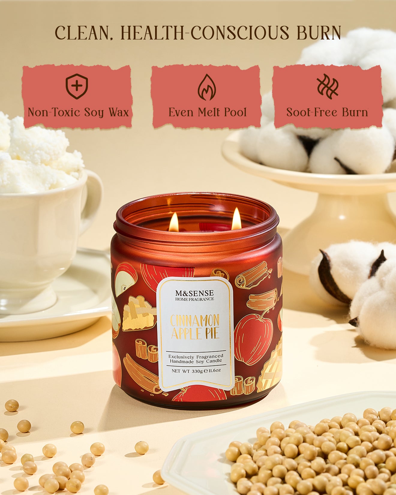 Candle with a label on a table with cotton and soybeans, featuring text about burn characteristics.