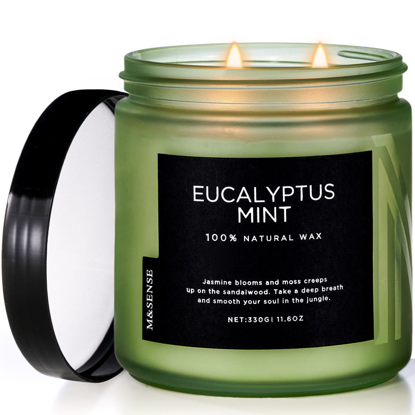 Eucalyptus Mint scented candle in a green frosted glass jar.