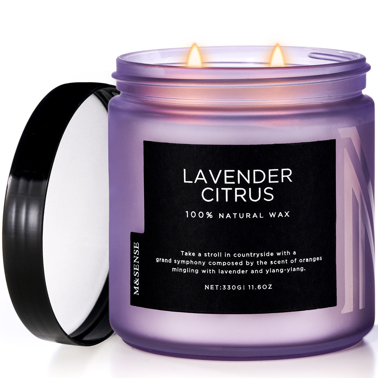 Lavender Citrus scented candle in an 11.6oz purple frosted glass jar, made with 100% natural wax.