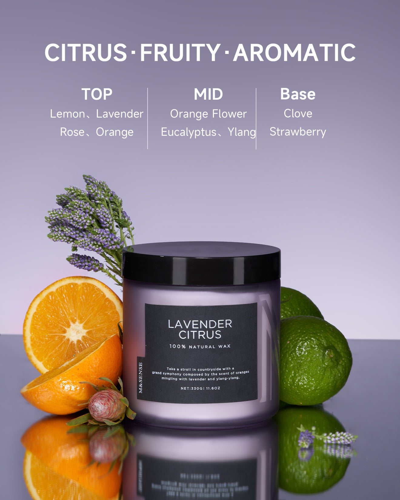 Lavender Citrus candle with fragrance notes, surrounded by lavender, citrus, and lemon on a lilac background.