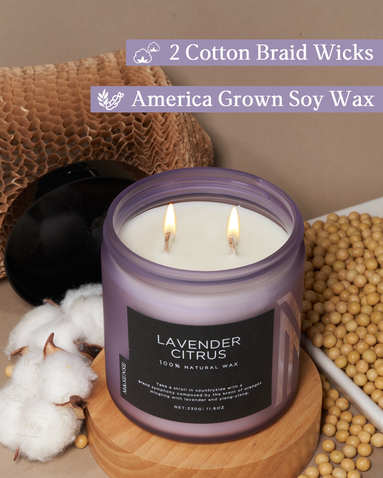 Natural Lavender Citrus soy wax candle with cotton wick, displayed with cotton, soybeans, and recyclable honeycomb paper.