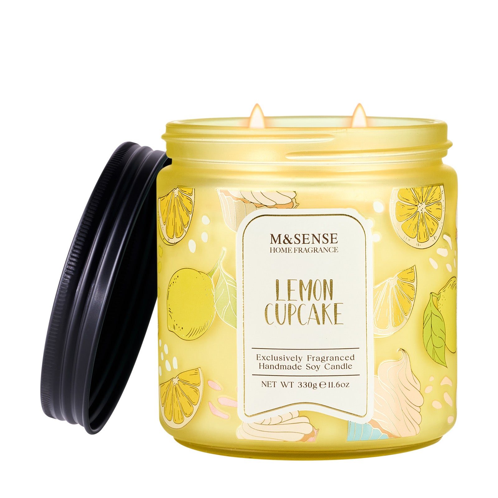 M&Sense Lemon Cupcake candle with black lid on a white background