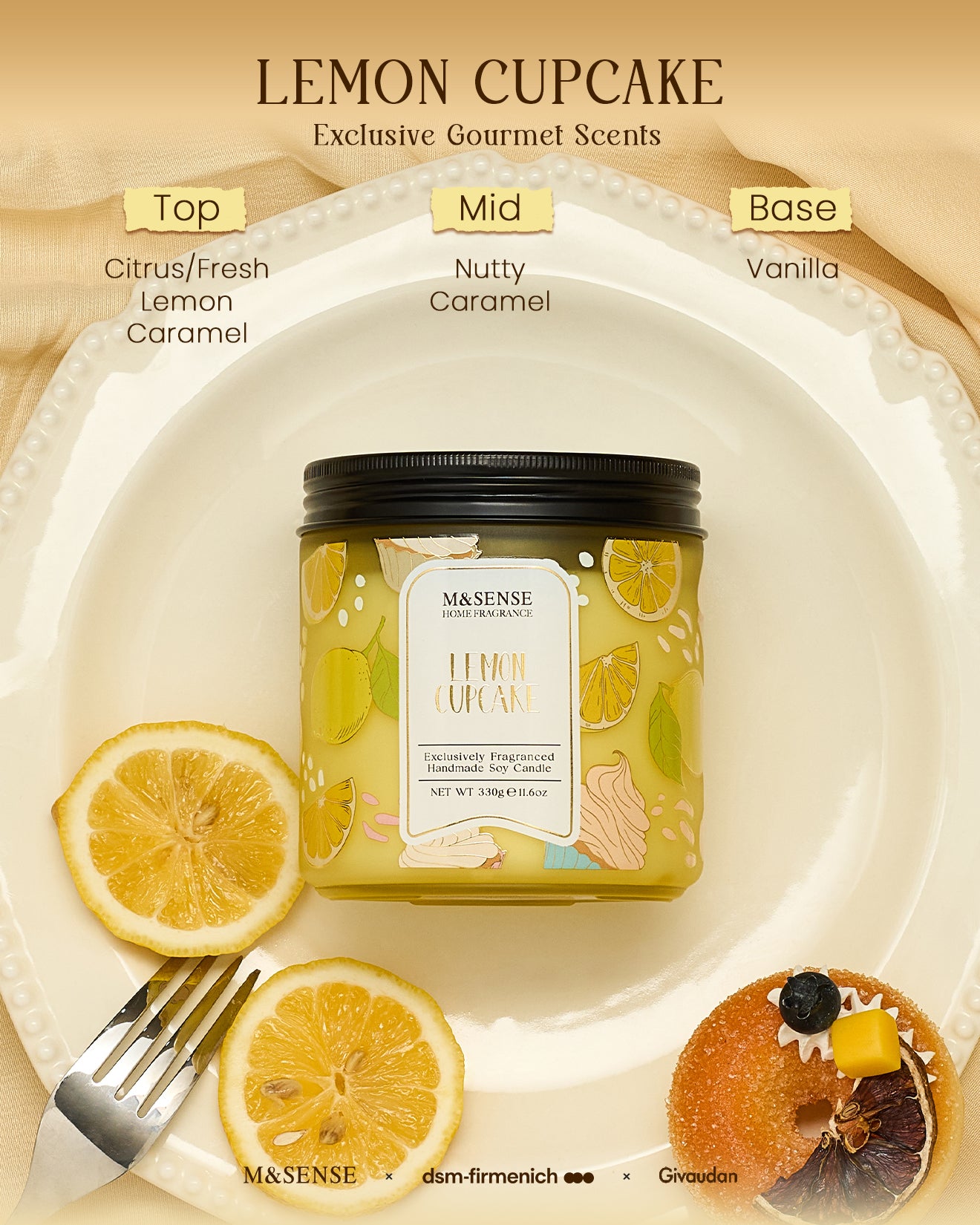 M&SSENSE Lemon Cupcake candle with lemon slices and a fork on a beige background