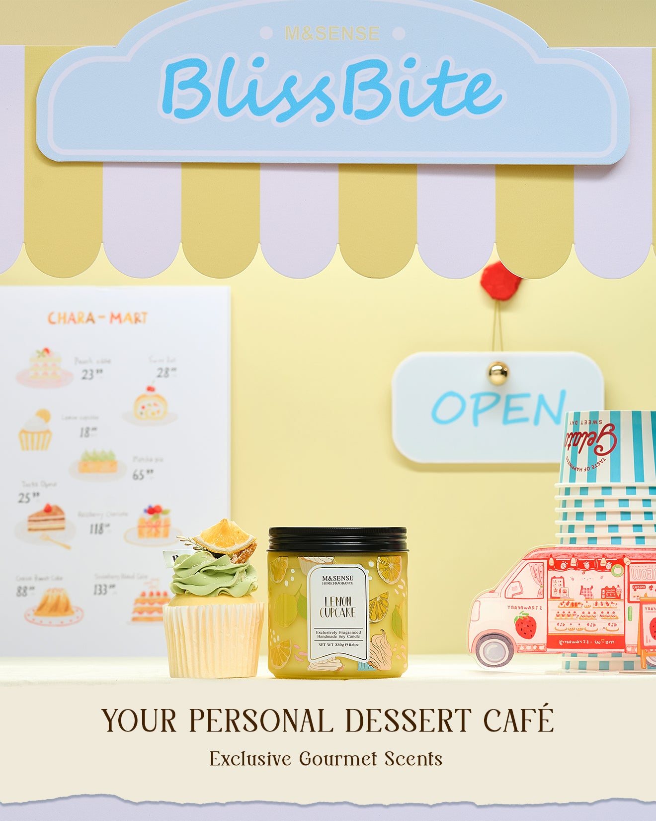 Bliss Bite dessert café setup with a jar of lemon curd and menu on a yellow background