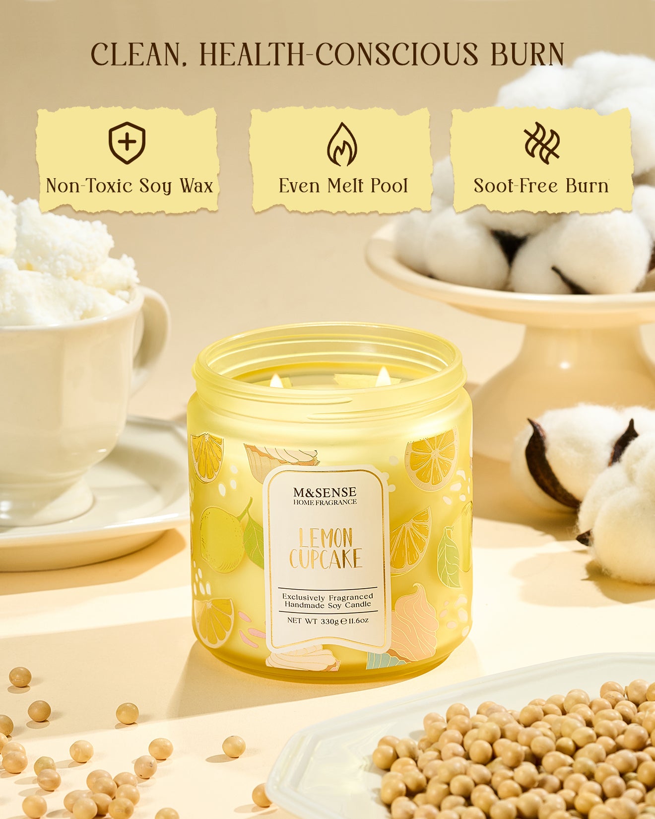 Yellow candle labeled 'Lemon Cupcake' with text about burn characteristics on a beige background.
