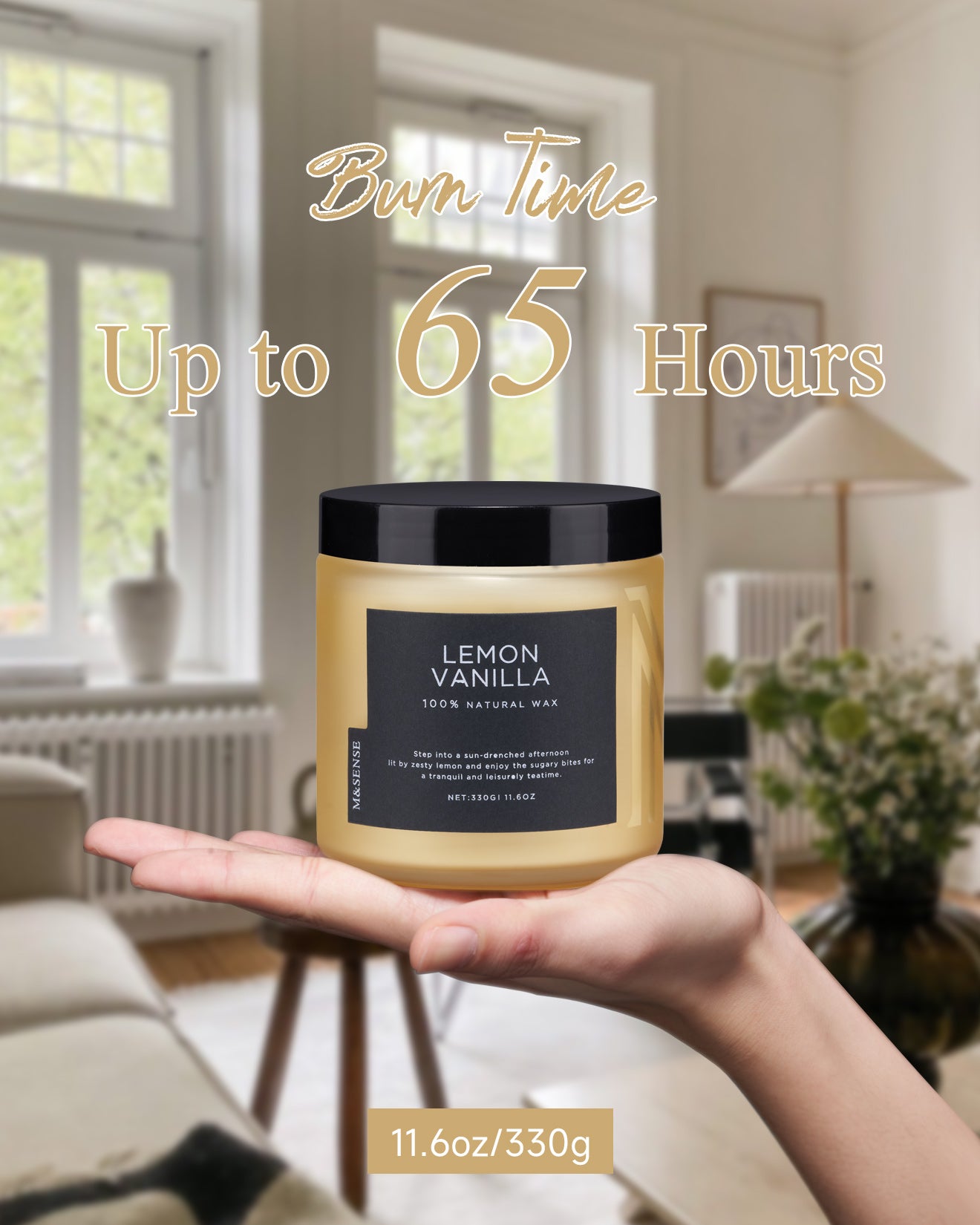 A lit lemon vanilla scented candle held in a palm, showcasing its 65-hour maximum burn time.