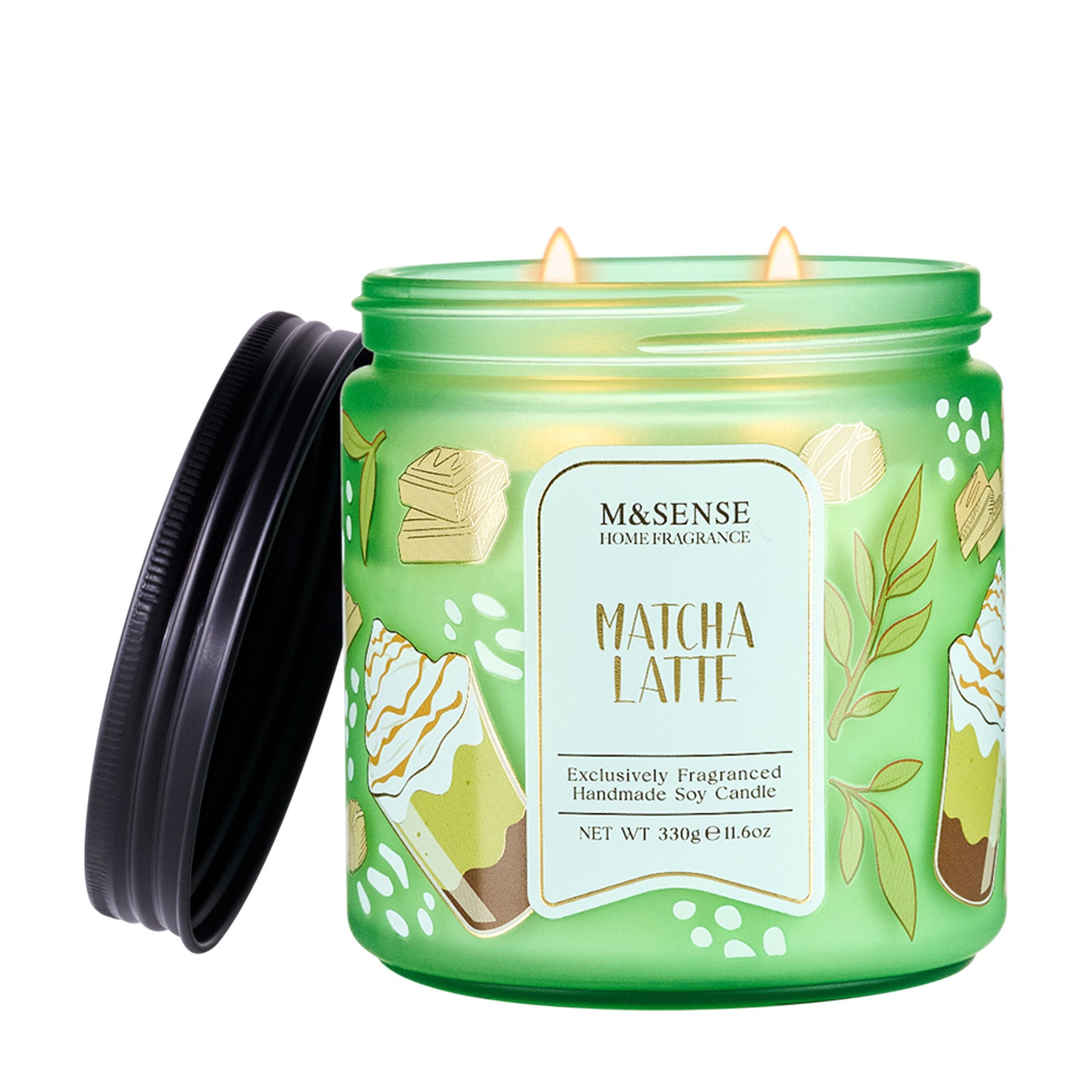 Green candle jar labeled 'Matcha Latte' with a black lid on a white background