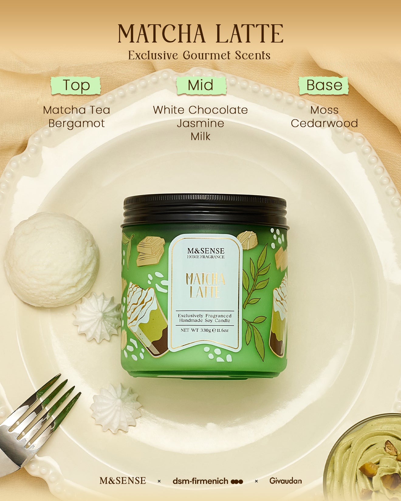 Másense Matcha Latte candle on a white plate with scents labeled