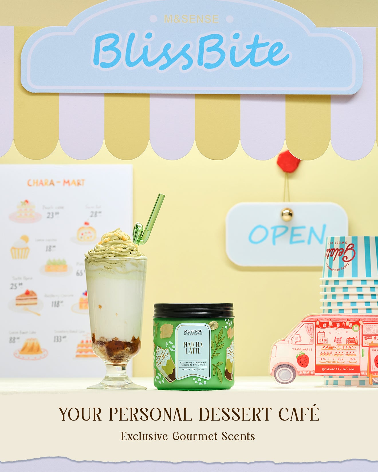 BlissBite dessert-themed product set with a cup, jar, and menu on a yellow background