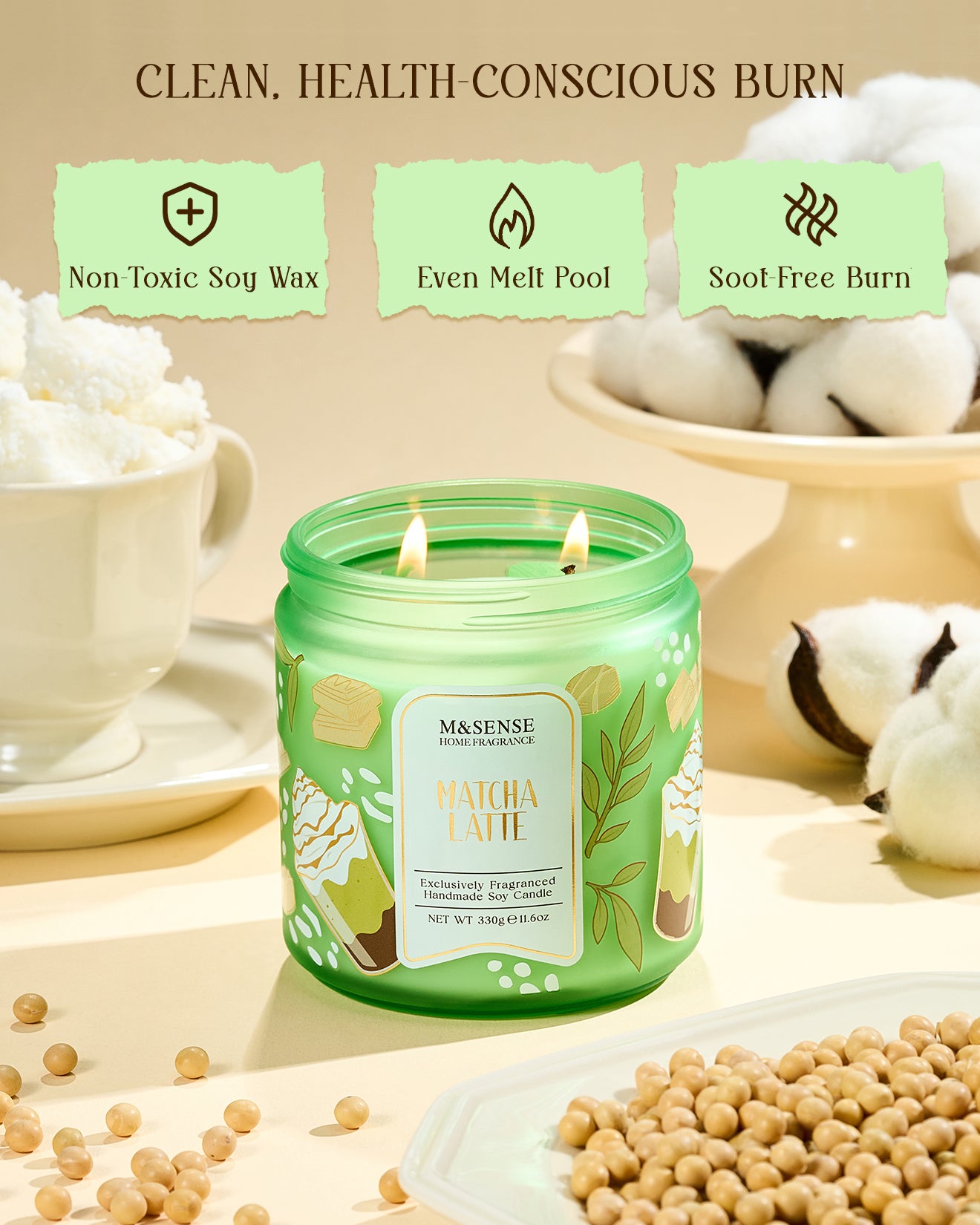Green candle labeled 'Matcha Latte' with text about burn characteristics on a neutral background.
