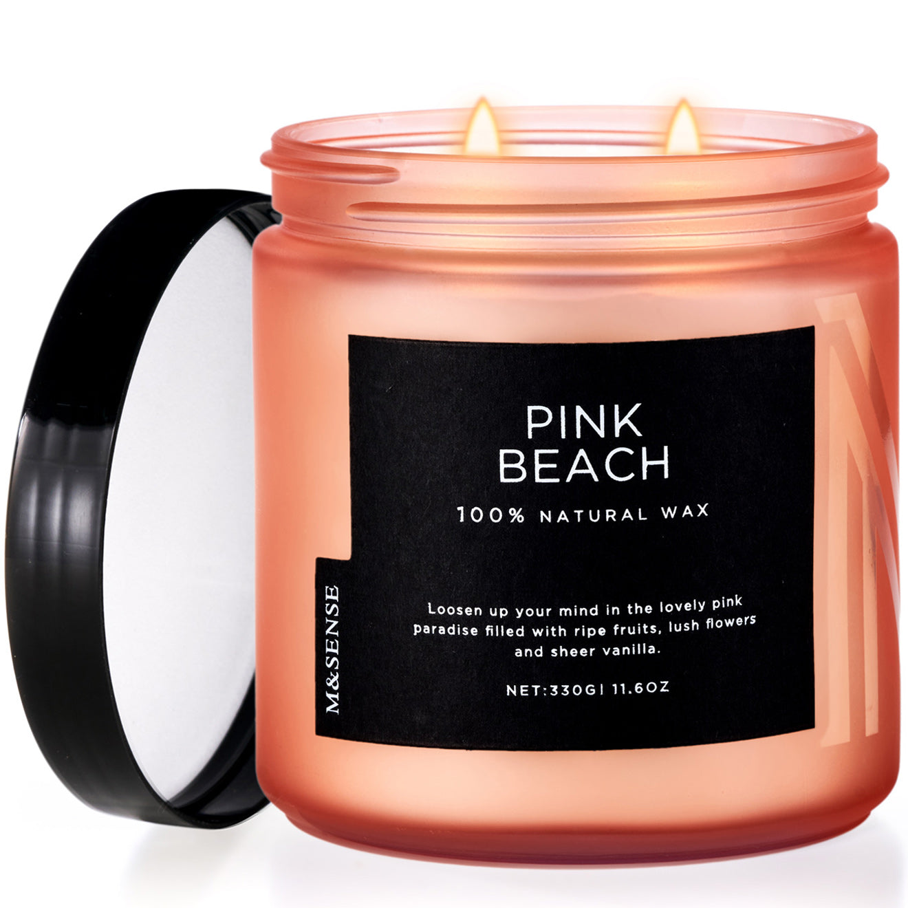 Pink Beach Candle with 100% natural wax label on a white background. 