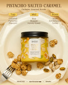 Másènse pistachio salted caramel candle with ingredients displayed on a plate