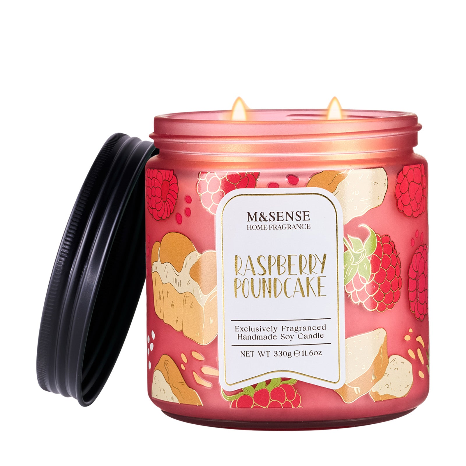 M&Sense raspberry poundcake candle with pink label and black lid on white background