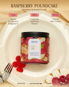 Raspberry Poundcake scented candle with flavor profile on a decorative plate