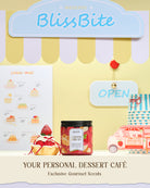 BlissBite dessert-themed product with a 'Your Personal Dessert Café' theme on a yellow background.