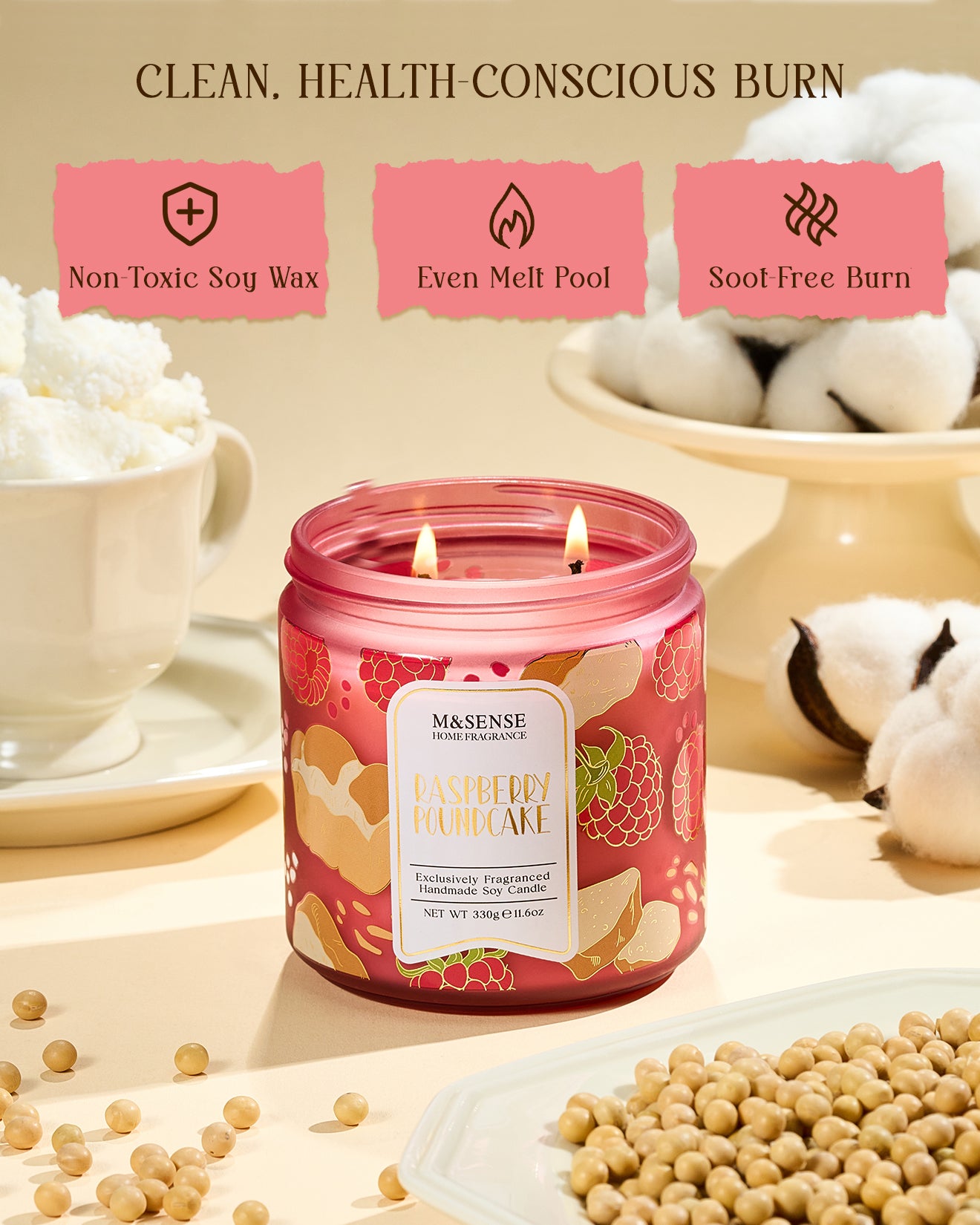 Pink candle in a jar with a label on a light background, featuring text about burn characteristics.