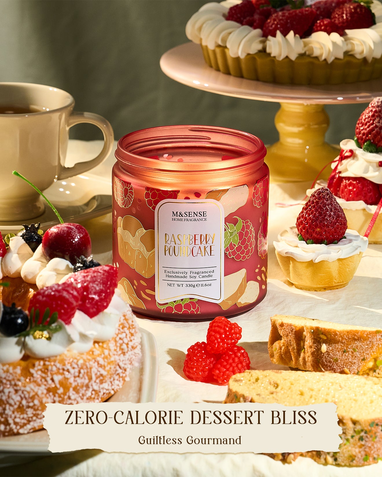 Candle with raspberry pound cake flavor surrounded by desserts on a table