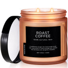 A cylindrical candle with an open lid labeled 'Roasted Coffee' by M&Sense, with a warm brown color and a lit candle inside.