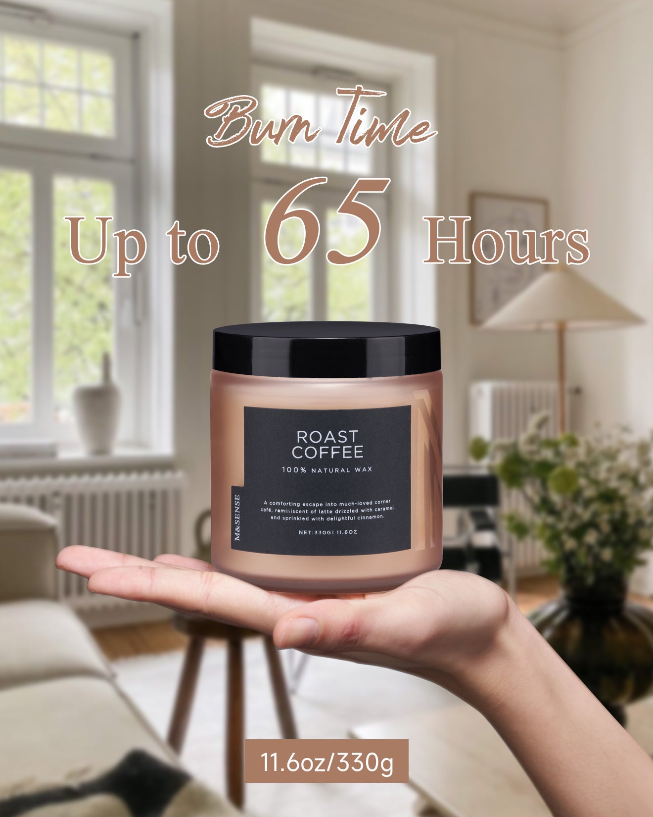 Hand holding a Roast Coffee candle with a 65-hour burn time, showcasing its coffee scent and natural wax.