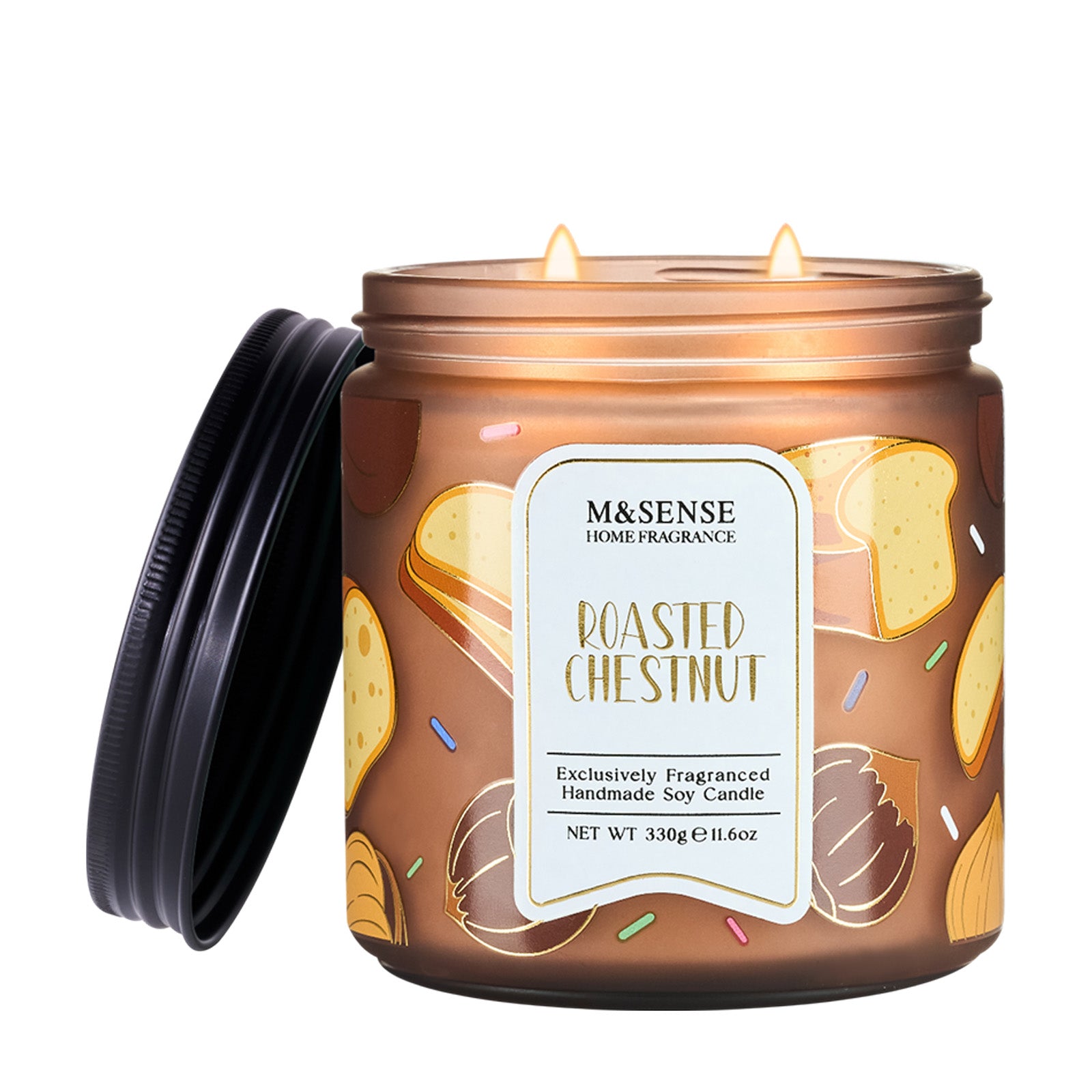 M&Sense roasted chestnut candle with packaging on a white background