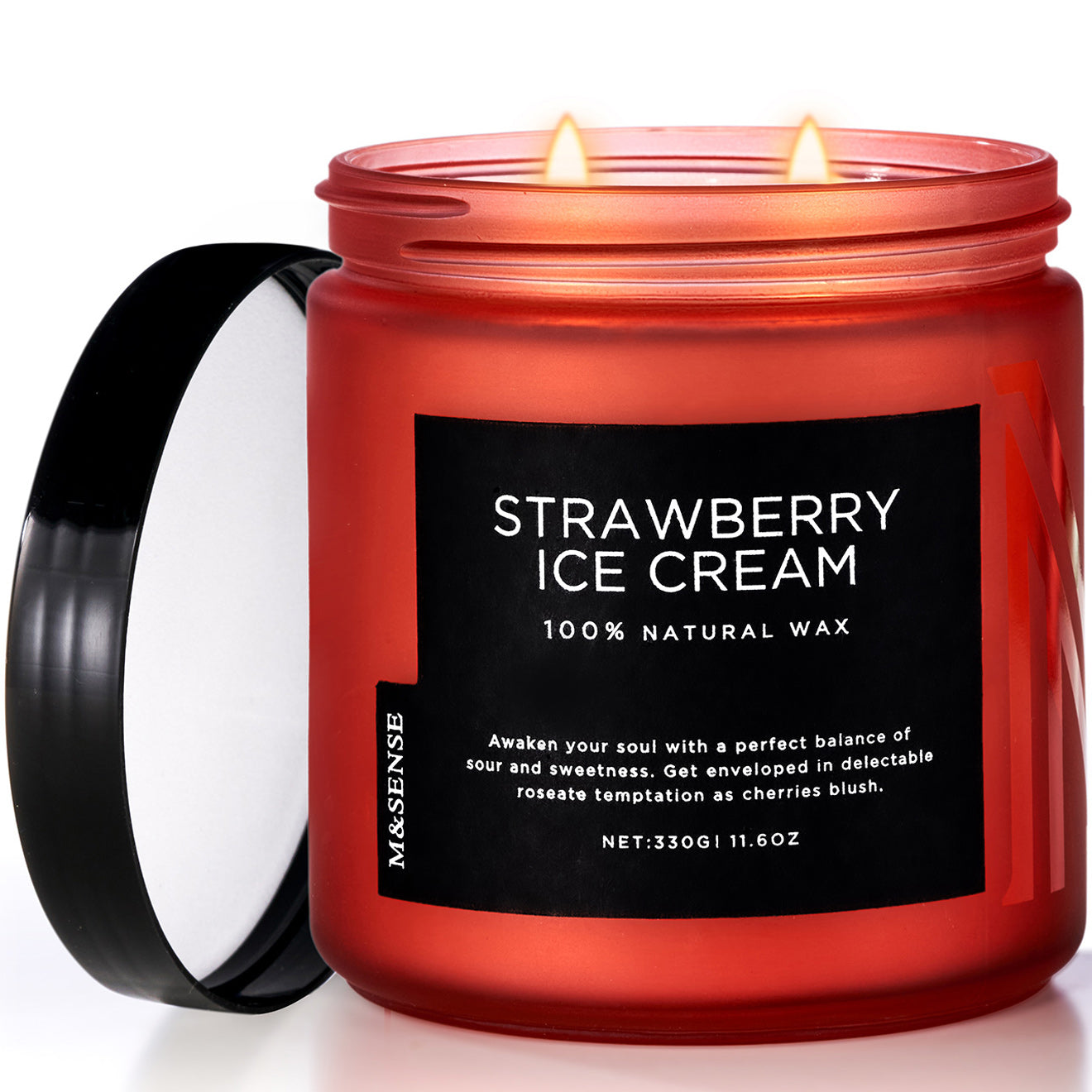 A red candle with a label reading 'Strawberry Ice Cream' and text describing the product as 100% natural wax.