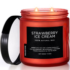 A red candle with a label reading 'Strawberry Ice Cream' and text describing the product as 100% natural wax.