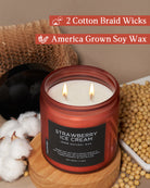 Natural Strawberry Ice Cream soy wax candle with cotton wick, displayed with eco-friendly materials.