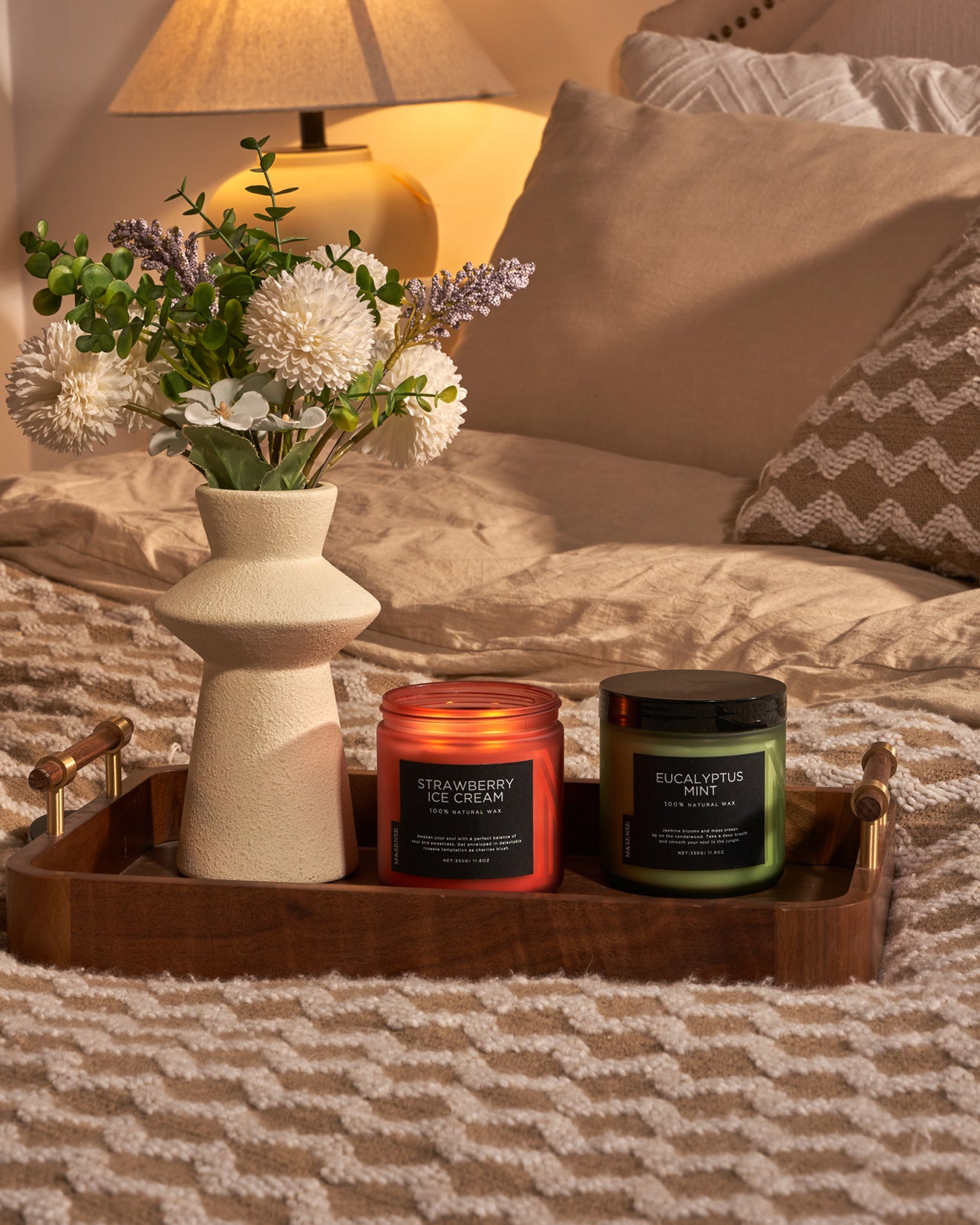 Strawberry Ice Cream candle on a side table, adding a sweet aroma to a cozy living room.