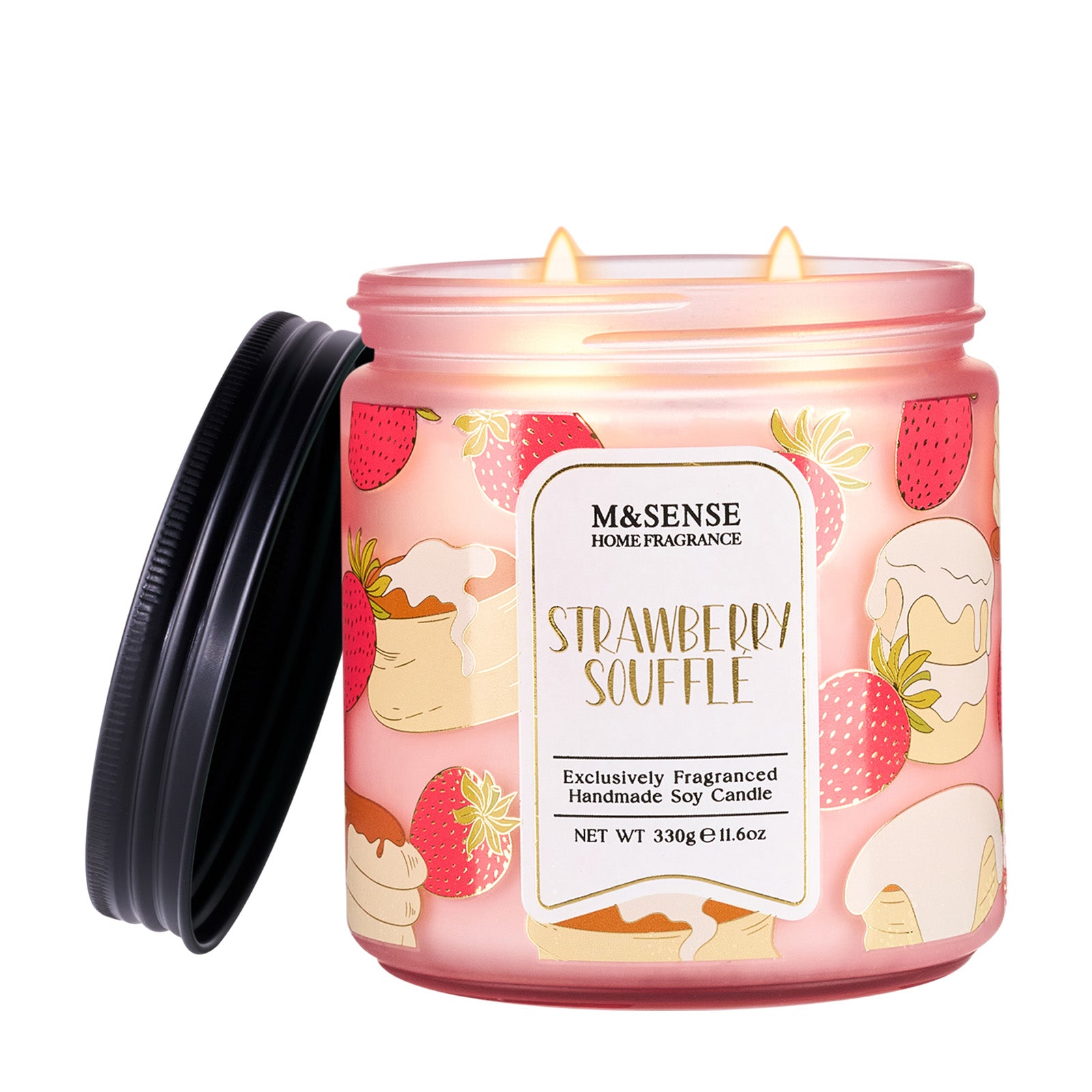 M&Sense Strawberry Souffle candle with packaging on a white background